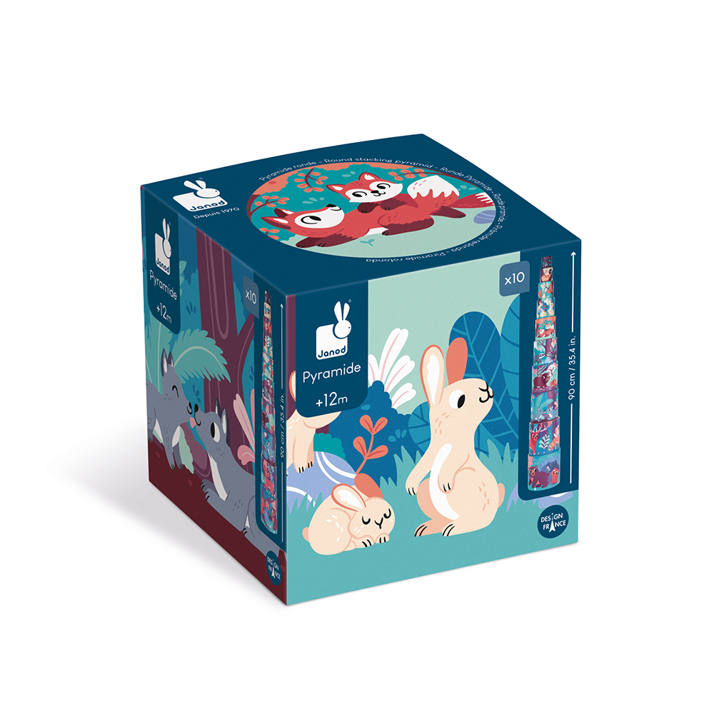 Skladacia pyramída Zvieratká v lese okrúhla 10 dielov Janod